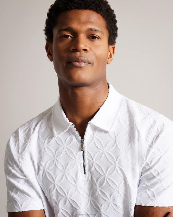 Ted Baker Maroc Short Sleeve Zip Jacquard Polo Shirt WHITE Clothing Men TLPL1404