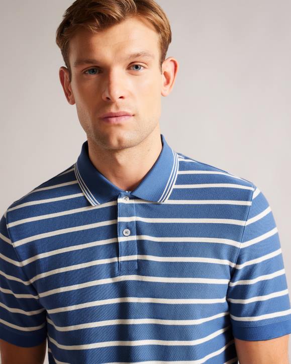 Ted Baker Nivenn Short Sleeve Regular Fit Striped Polo Shirt Dark Blue Clothing Men TLPL1427