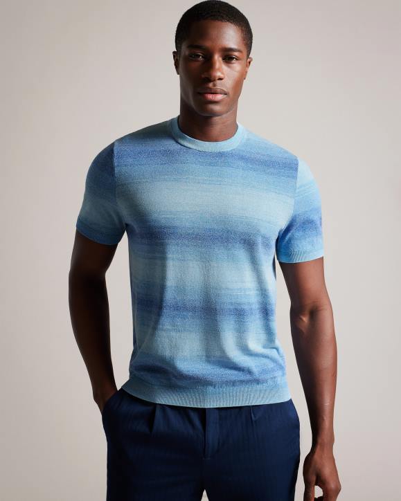 Ted Baker Notte Short Sleeve Ombre Stripe T-Shirt Dark Blue Clothing Men TLPL1299