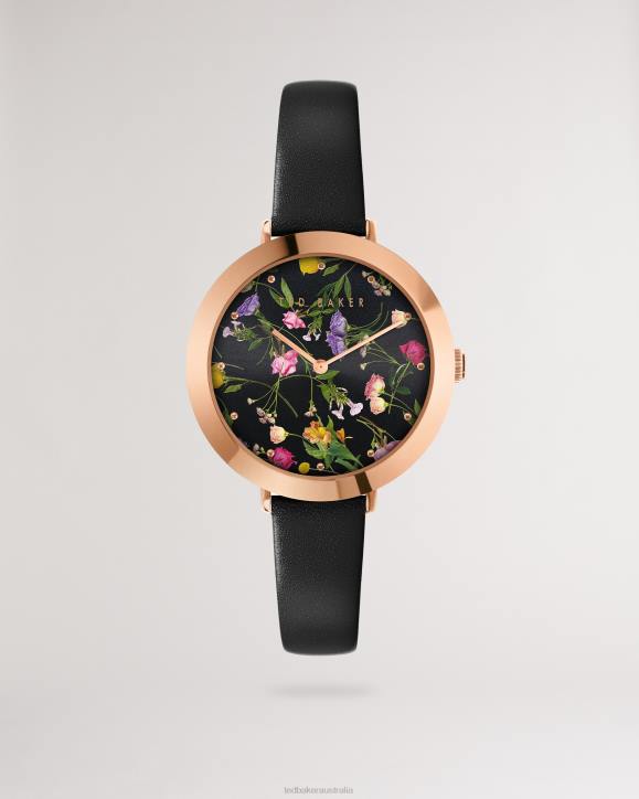 Ted Baker Isidoro Floral Print Watch With Leather Strap Black Accessories Women TLPL1060