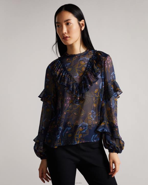 Ted Baker Jovena Printed Waterfall Ruffle Top Navy Clothing Women TLPL558