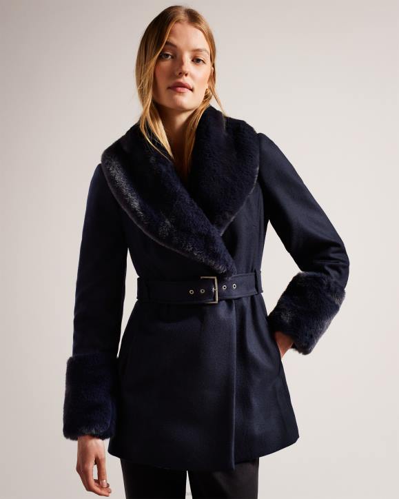 Ted Baker Loleta Belted Coat With Faux Fur Collar and Cuffs Navy Clothing Women TLPL422