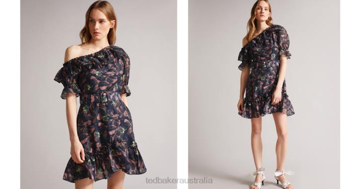 Ted Baker Hazpin Asymmetric Cold Shoulder Ruffle Mini Dress Navy Clothing Women TLPL536