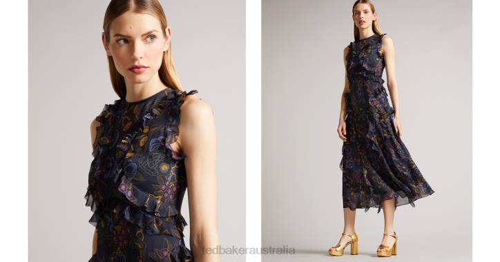 Ted Baker Karolia Sleeveless Waterfall Midi Dress Navy Clothing Women TLPL508