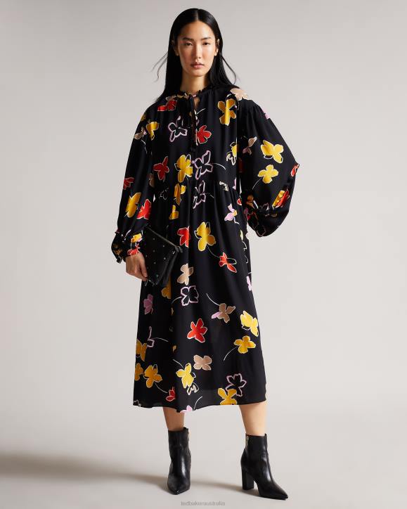 Ted Baker Yviee New World Oversized Midi Dress With Ruffles Black Clothing Women TLPL538