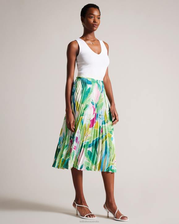 Ted Baker Lopehz Painted Floral Pleated Midi Skirt Green Clothing Women TLPL240