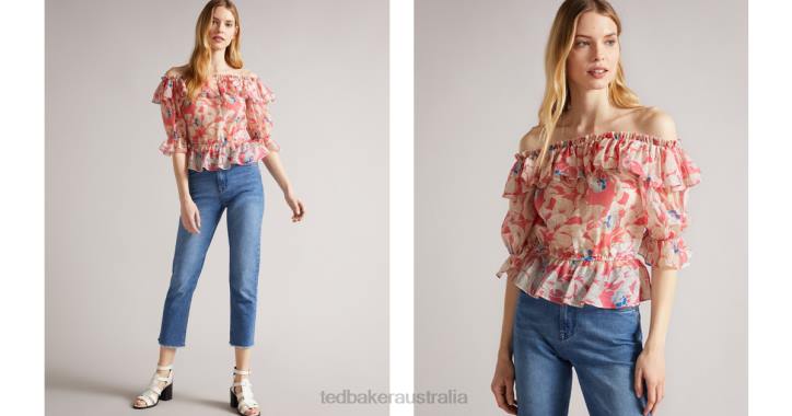 Ted Baker Harina Off The Shoulder Top With Elasticated Waist Medium Pink Clothing Women TLPL554