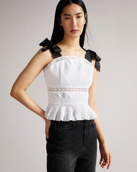 Ted Baker Pietri Lace Insert Peplum Top With Grosgrain Straps White Clothing Women TLPL540
