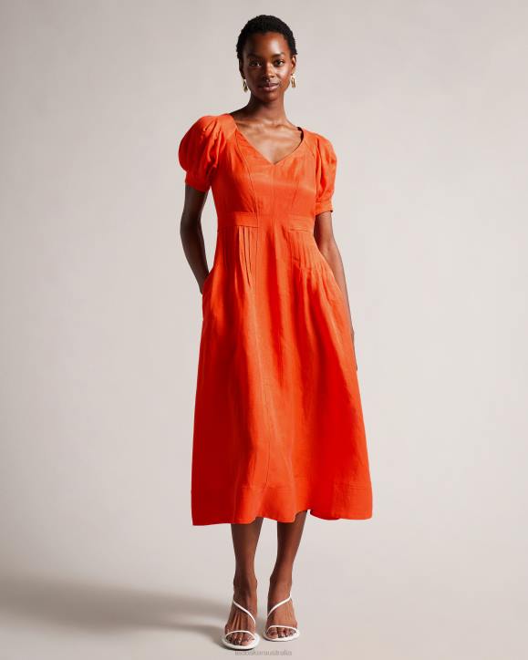 Ted Baker Opalz Fit And Flare Puff Sleeve Midi Dress Bright Orange Clothing Women TLPL209