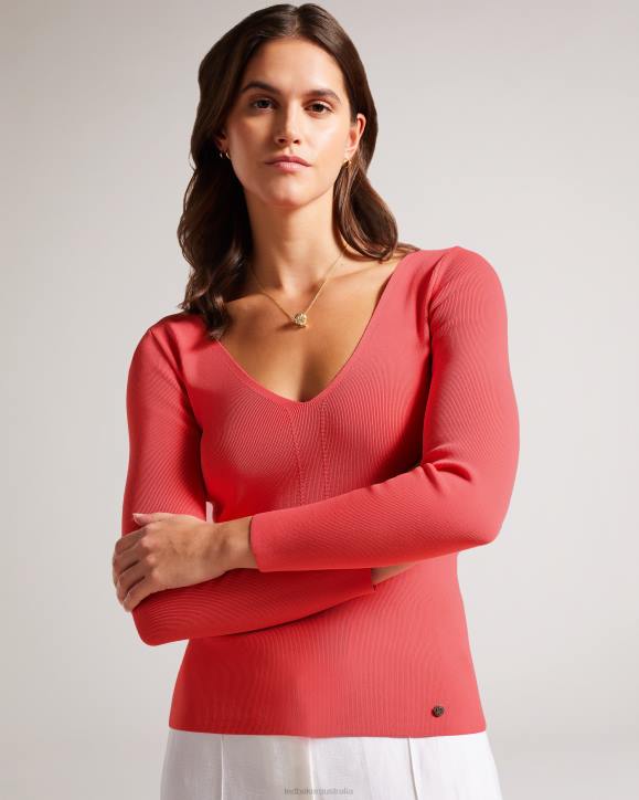 Ted Baker Cileste V Neck Slim Fit Knit Top Coral Clothing Women TLPL49