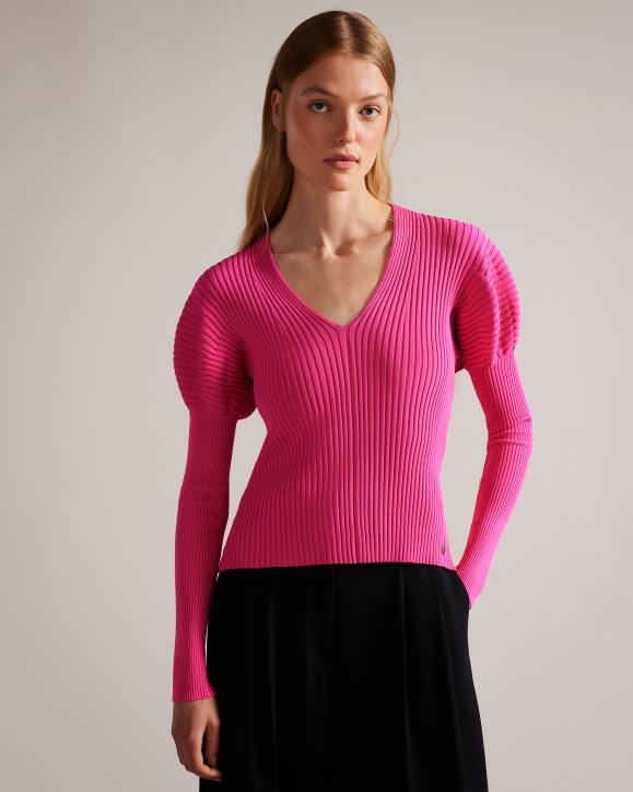 Ted Baker Ivery Rib Knit Top With Puff Shoulders Deep-Pink Clothing Women TLPL118