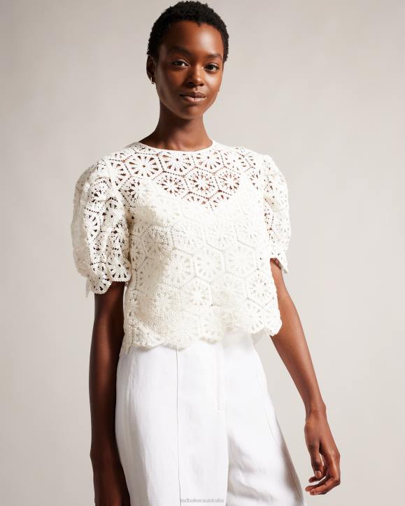 Ted Baker Ambya Crochet Knit Puff Sleeve Top White Clothing Women TLPL234
