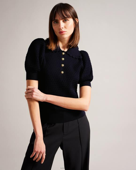 Ted Baker Reannia Polo Knit Top With Embellished Buttons Dark Blue Clothing Women TLPL367