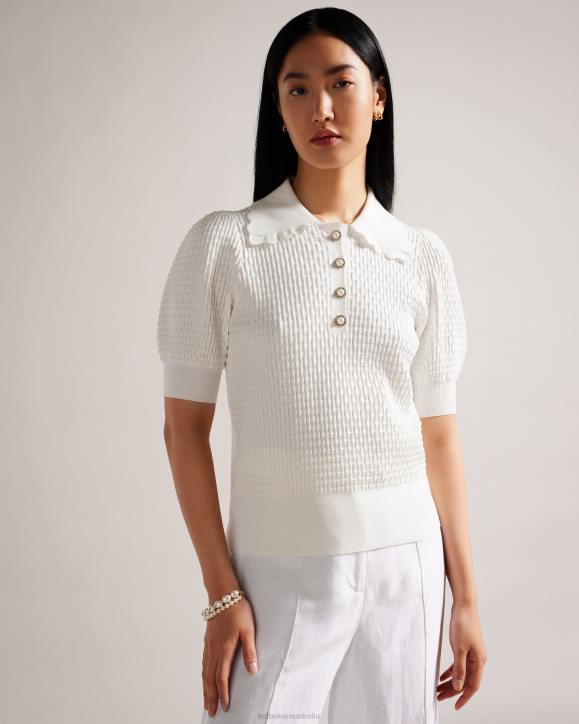 Ted Baker Reannia Polo Knit Top With Embellished Buttons White Clothing Women TLPL338