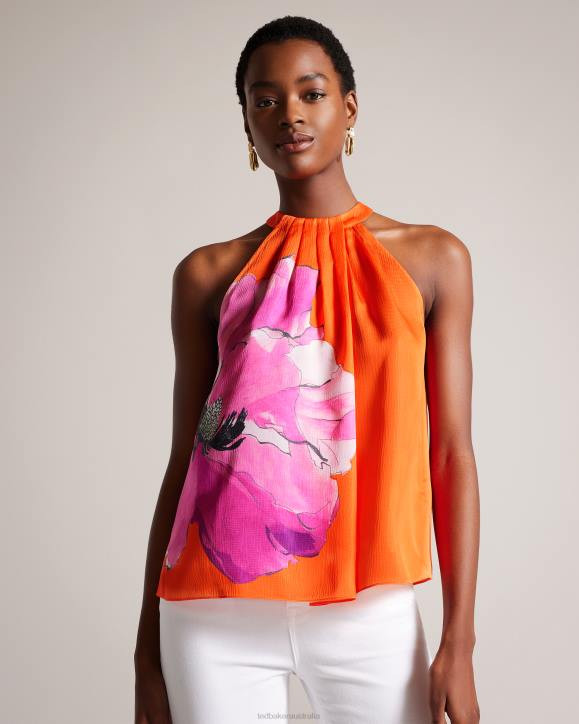 Ted Baker Milenaa Pleated Floral Halter Neck Top Bright Orange Clothing Women TLPL5
